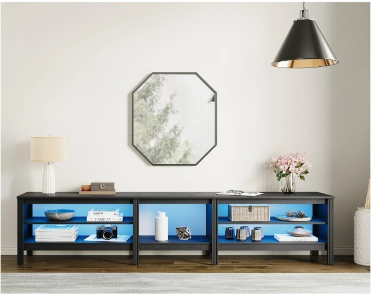 95-inch TV Stand for 85-inch Flat Screen, LED Wood Media Console Storage Cabinet Entertainment Centre with 6 Open Shelves